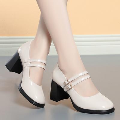 Autumn Cowhide Patent Leather Women High Heeled Shoes Fashion Elegant Trend Shoes Black White Non-slip Thick Heels Gentle Simple