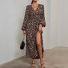 Autumn and winter new women's lantern sleeves with high split ends dress black navy blue burgundy army green leopard print