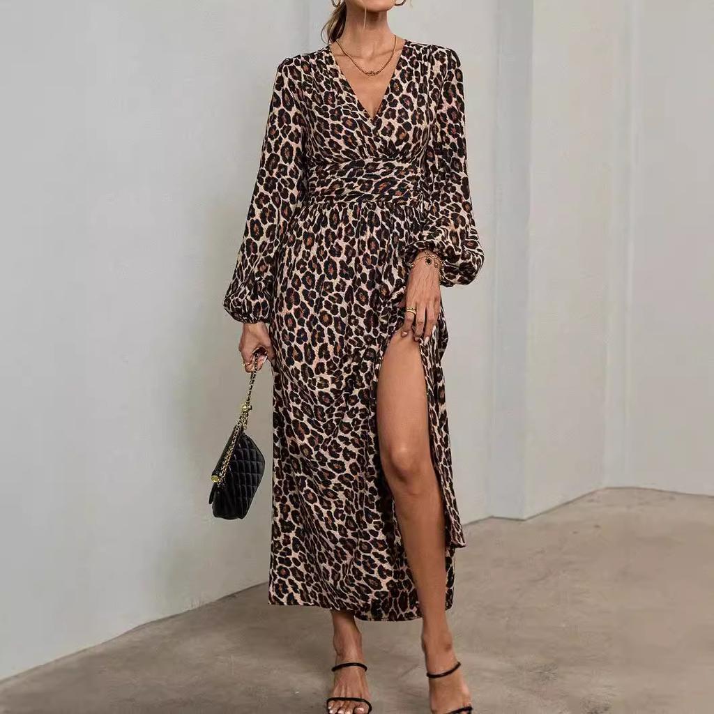 Autumn and winter new women's lantern sleeves with high split ends dress black navy blue burgundy army green leopard print