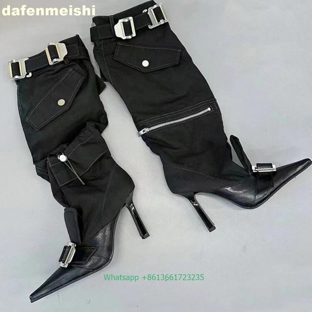 Fashion Belt Buckles Pleated Knee-High Boots 2025 Winter New Fashion Thin Heel Pointed Boots Black/beige Side Pocket Zip Splicing Boots