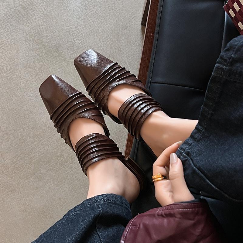 Fashion 2025 Summer New Genuine Leather Low Heels Slippers Women Square Toe Natural Leather Casual Slippers Female Daily Walk Slippers