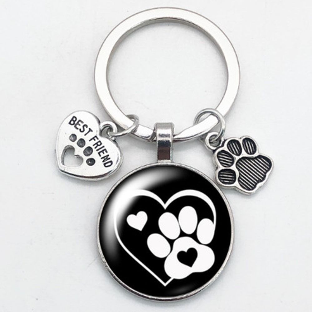 Cartoon Glass Cabochon Key Ring Love Cat Pet Footprints Key Holder Car Key Chain  Bag Hanging