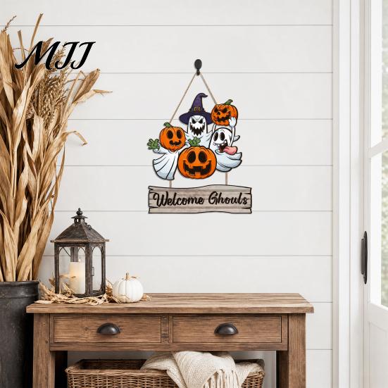 Thick Wood Halloween Plaque Happy Door Sign for Front Door, Wooden Ghost Pumpkin Hanging Hanger Plaque, Spooky Welcome Wreath Tree, Wall, Party