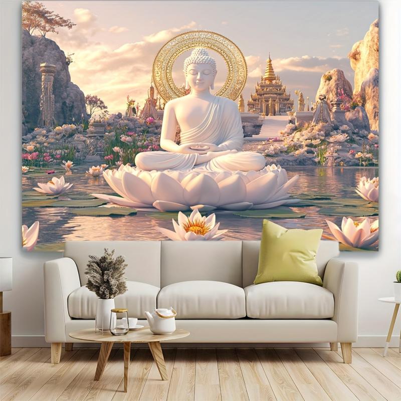 VIKAMA Peaceful Buddha Lotus Tapestry Trendy Wall Accent For Living Room Yoga Studio Meditation Area Modern Home Decoration