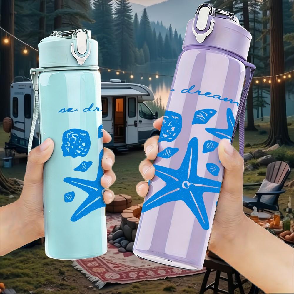 1PC Blue Starfish Anchor Art Print 750ml Color Plastic Sports Water Bottle Leakproof Flip Straw Lid Suitable for Sports Office Home Use