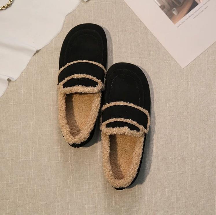 Bequeme Doudou-Schuhe mit flachem Absatz für Damen, weiche Leder-Ein-Pedal-Baumwoll-Einzelschuhe, vielseitige flachsohlige flauschige Schuhe, warme und samtige Slipper