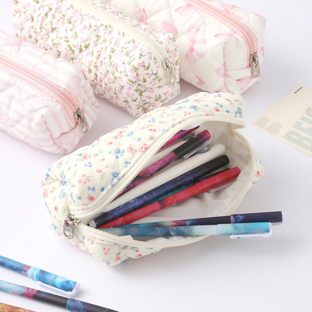 Exquisite flowers and bow pattern creative pencil case, rectangular stationery storage bag, stylish portable school supplies