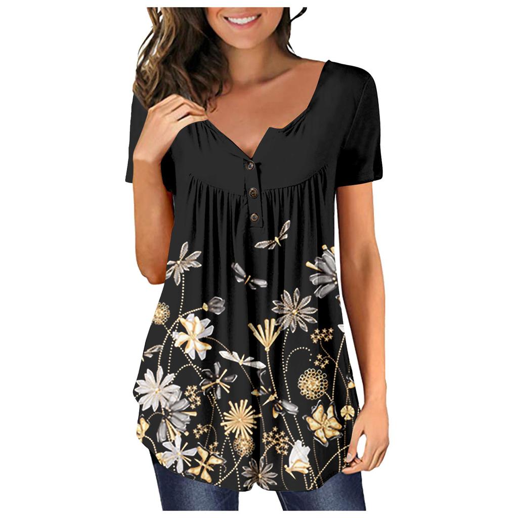 Women's Short-sleeve Loose Tops Casual Plus Size Tunic Button Tops