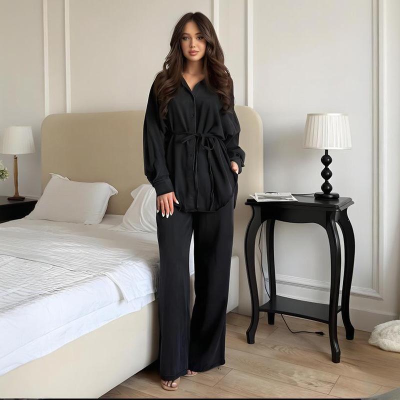 Evropský a americký dámský jednobarevný top s dlouhým rukávem na zavazování a sada kalhot s rovnými nohavicemi