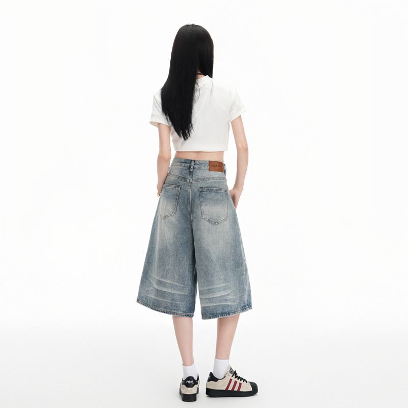 Trendy Summer Light Blue Designer Washed Loose Straight Wide Leg Cropped Capri Denim Shorts For Women Versatile Slimming AllMatch Casual Capri Pants