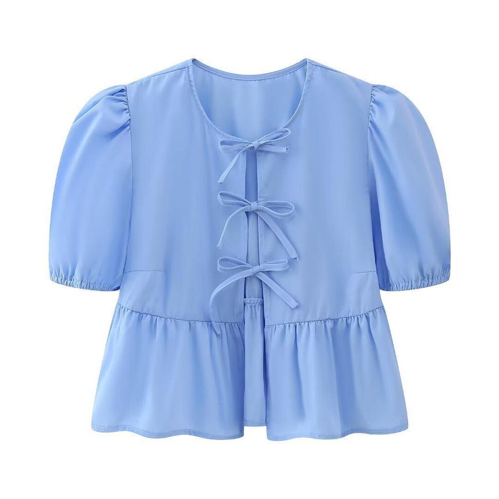 2024 Spring Women's Street Fashion Lace-up Puff Sleeve Top