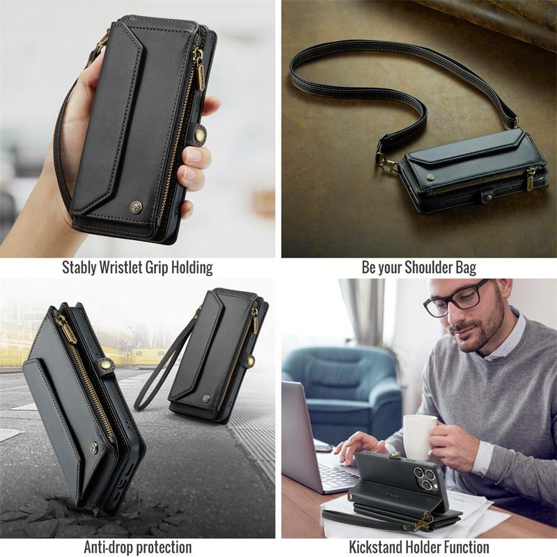 Capa de Celular de Couro Flip com Cordão Longo para iPhone 17 Pro Max Air 16E 16 Plus 15 14 13 12 11 X XS XR SE 2022 8 Carteira com Zíper Porta Multi Cartões Capa