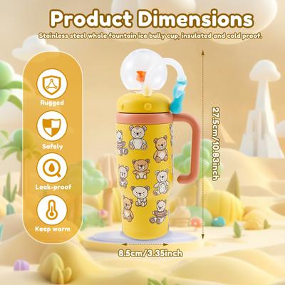 710 ML/24 Oz Water Bottle Stainless Steel Whale Fountain Tumbler Leak-proof Drinking Cup with Straw Brush or Cup Brush for Child