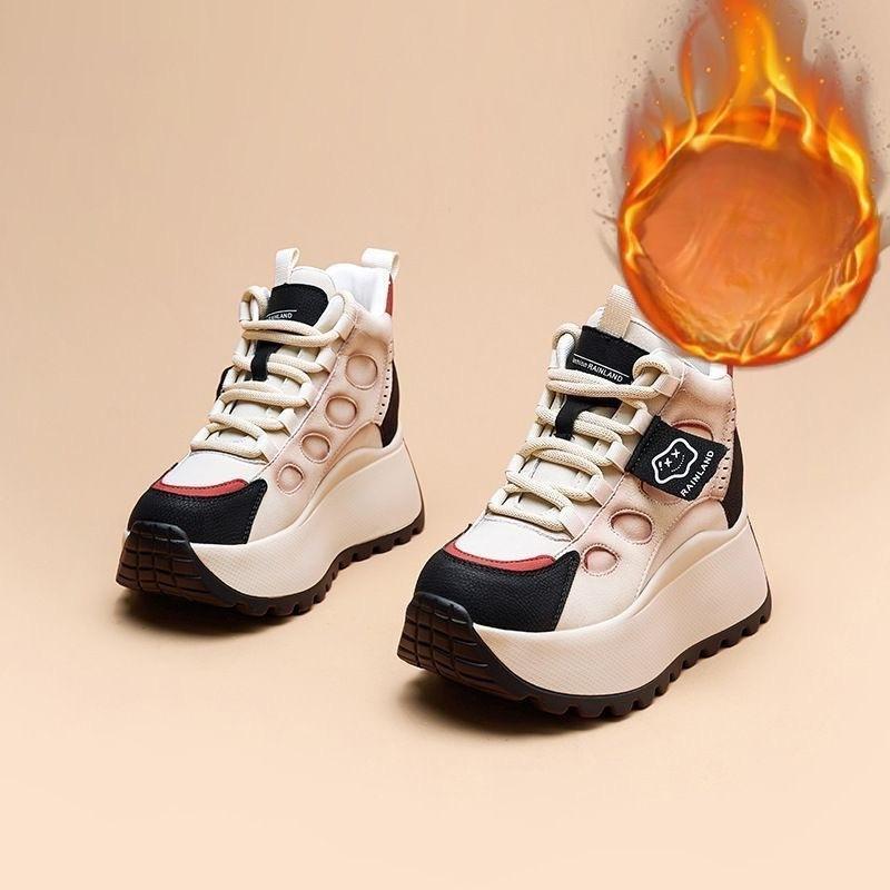 Women's Fur One Thick Bottom Heightening Winter Lightweight Padded Warm Snow Boots Non-slip Wear Casual Sneakers Lace-up Cotton Boots
