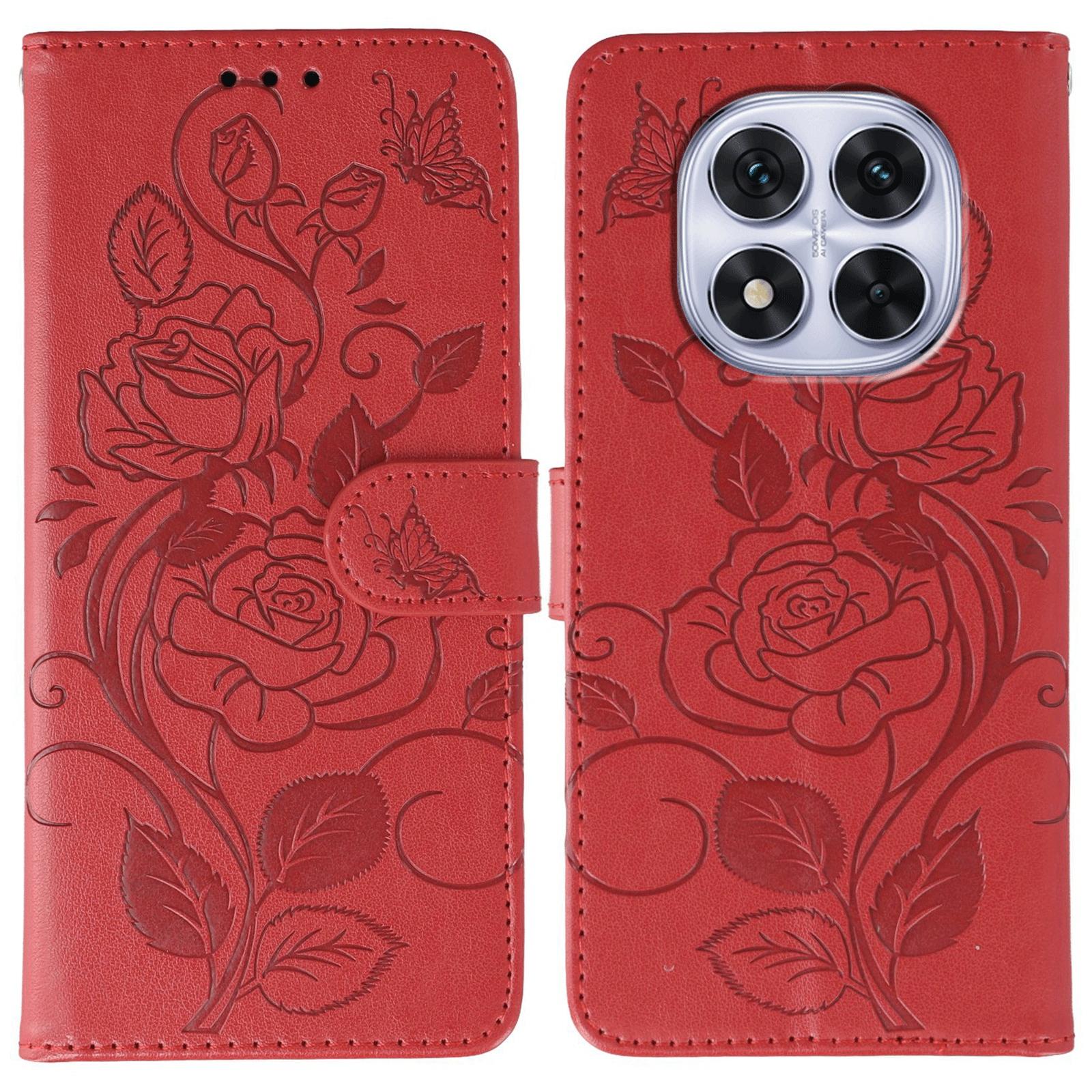 

Phone Case For Xiaomi Redmi Note 14 Pro 4G/5G/Note 14 Pro+ 5G/Poco X7 5G Wallet Stand Imprinted Rose Butterfly PU Leather Cover Red