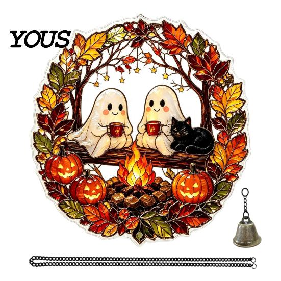 Pumpkin Party Decor Halloween Acrylic Hanging Decoration, Cartoon Ghost Ornament with Double Sided Bell, Suncatcher for Indoor Outdoor Holiday