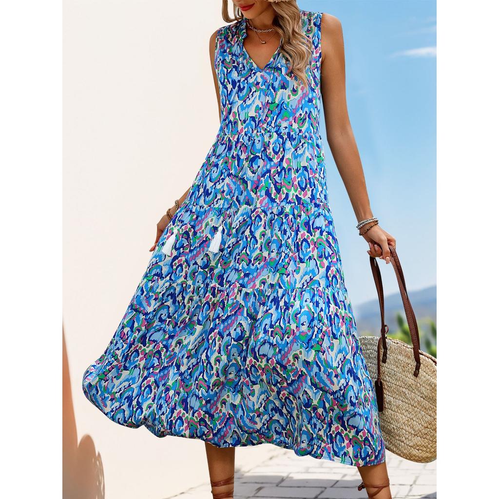 New European American Style Abstract Print Midi Dress, Summer Beach Vacation Casual Dress for Women