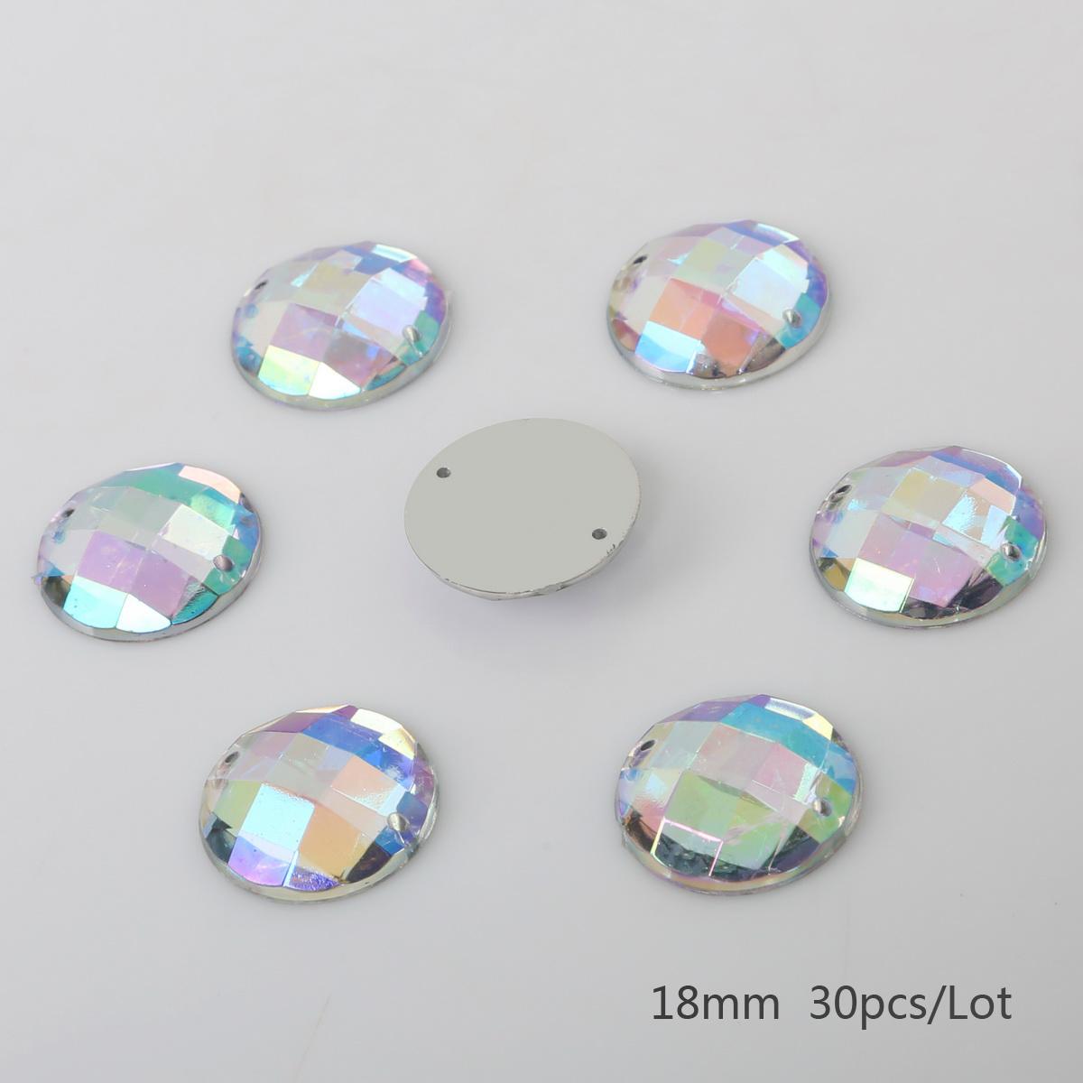 

Вышивание акриловых стразов с плоской задней частью, два отверстия, пришивные стразы, хрустальные камни для DIY, украшение для свадебного платья, одежды 18mm 30pcs белый/разноцветный