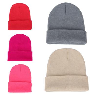 Men Women Solid Color Warm Woolen Knitted Cap Fluorescent Cuffed Beanie Hat