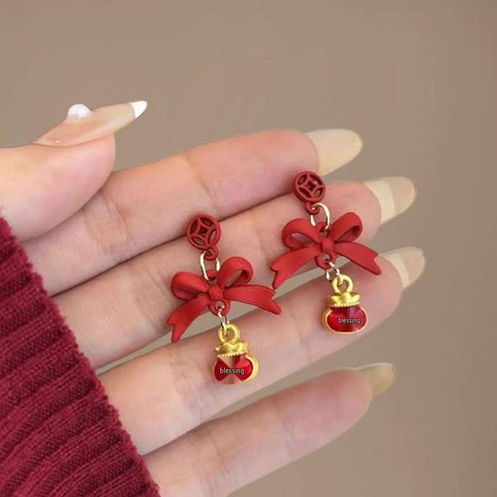 Red Bow Tassel Earrings: Festive & Fashionable High-End Chinese Style for Women
