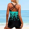 Women's Shoulder Strap Swimsuit Blue Hollowed Out Crown Print Bikini Tankini Swimsuit
