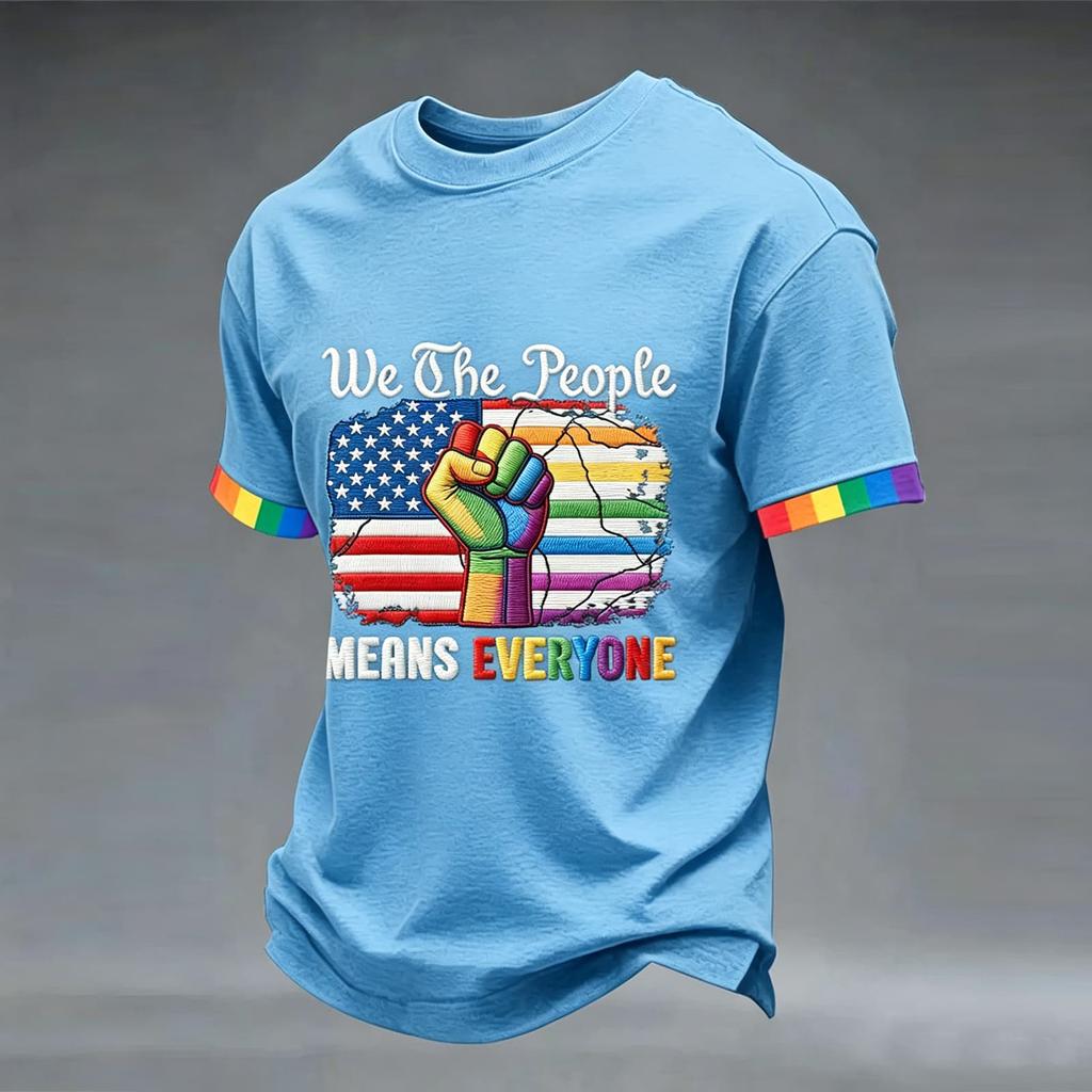 Short Sleeve Crew Neck T Shirt with Graphic Print United States Flag Raised Fist Lettering Design Casual Fit Unisex Top