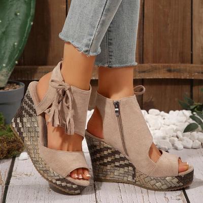 Bohemia Quasten Dekoration Seitenreißverschluss Sandalen Damen 2025 Sommer Klobige Plateau Keilabsatz Sandalen Sexy Super High Heel Strandschuhe