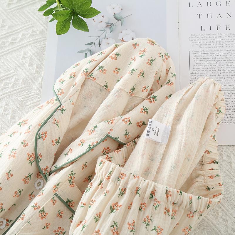 Pajamas women's pure cotton spring and autumn women's long-sleeved new lapel casual loose loungewear two-piece set can be worn outside