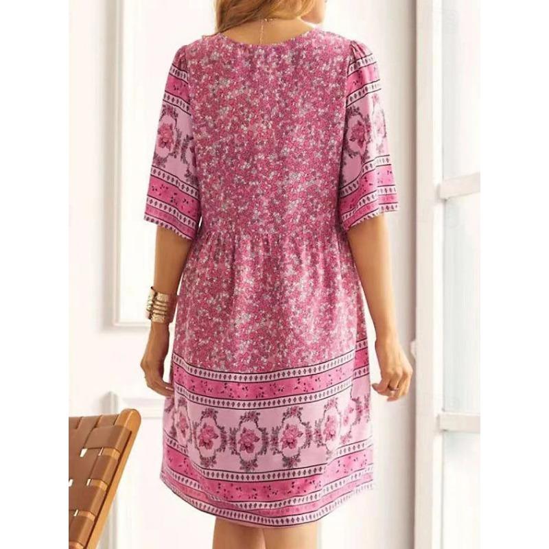 YYFS Women's Fashion Summer Spring Flower Pattern Print Short Sleeve V-Neck Loose Waistline Casual Dresses