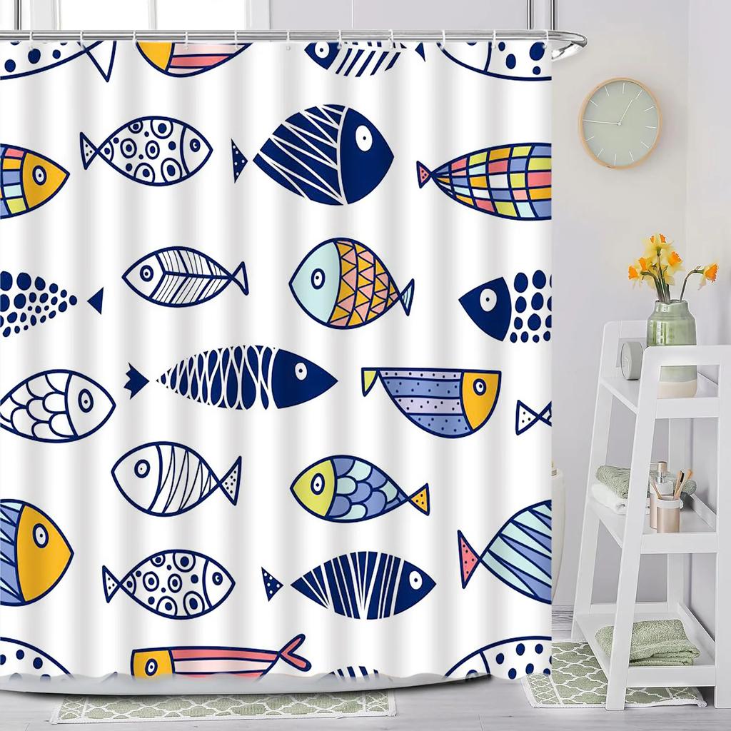 Lustiger Fisch Duschvorhang, Cartoon Ozean Handgemalt Blau Kinder Niedliches Tier Wal Druck Stoff Badezimmer Dekoration mit Haken