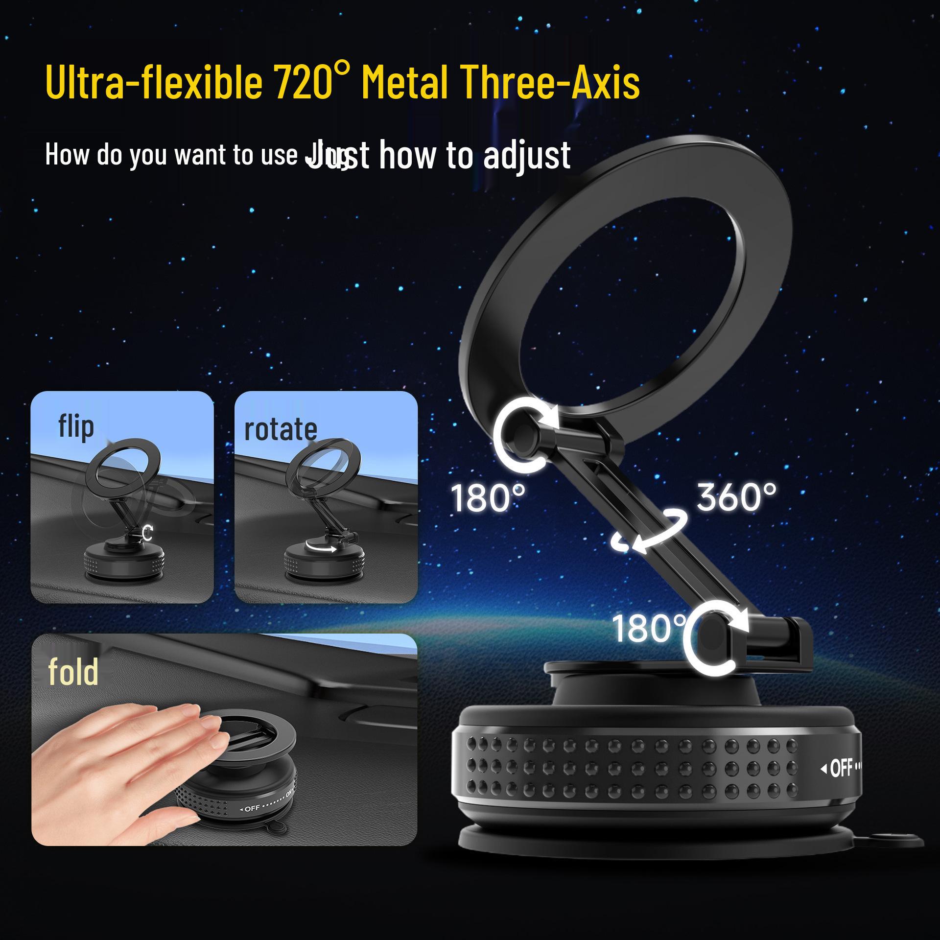 

Magnetic Zinc Alloy Phone Holder – Suction Cup Adhesive, Foldable for Car Navigation. Steady Black