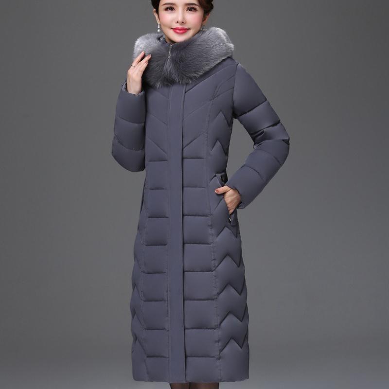 Giacca In Cotone Piumino con Cappuccio e Collo in Pelliccia Abbigliamento Invernale da Donna Mamma di Mezza Età Cappotto Medio-Lungo Imbottito Caldo
