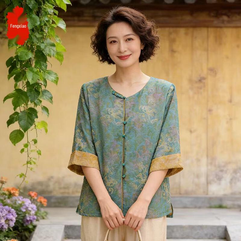 Elegant New Chinese Style Floral Print Seven-Quarter Sleeve Blouse XL