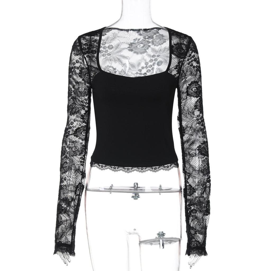 2025 Summer Women's Fashion Lace Patchwork Long Sleeve Top