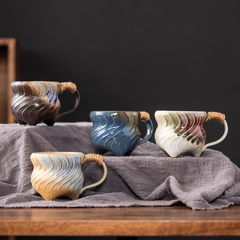 Vintage Gradient Irregular Thread Ceramic Mug Vintage Tie Coffee Cup Birthday Gift Breakfast Oat Milk Cup Office Mug Home Decor