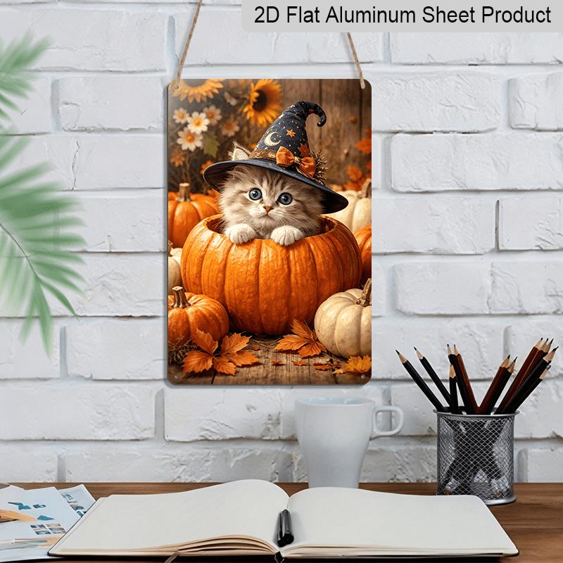 2D Flat, 1pc Autumn Maple Witch Kitty Aluminum Sign, Pumpkin Decorative Sign, Fun Decor, Halloween Artwork Wall Decor, Modern Wall Art, for Living