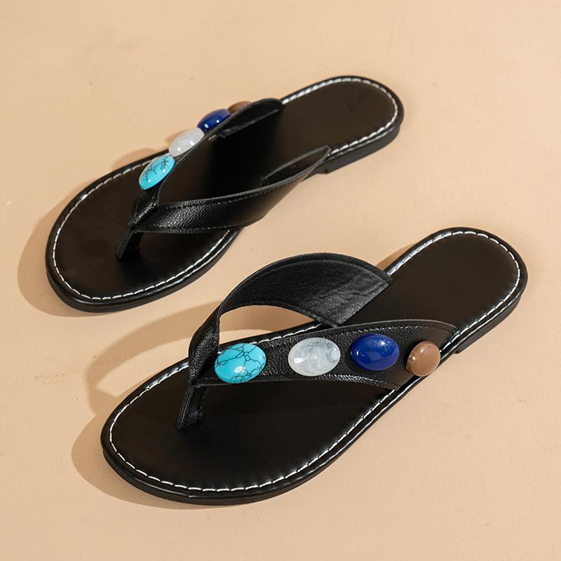 Fashion Fashion Gemstone Decor Flip Flops for Women Summer Comfortable Clip Toe Beach Slippers Woman Lightweight Non Slip Flat Sandals
