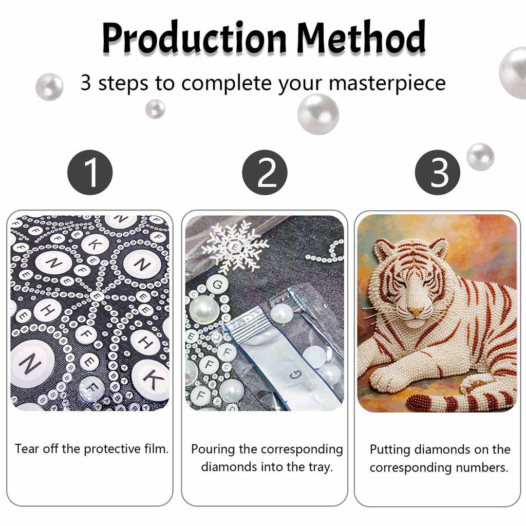 White Tiger Pearl Kit 5D DIY Round Rhinestone Art for Adults Relaxing Handmade Wall Decor National Day Gift Frameless
