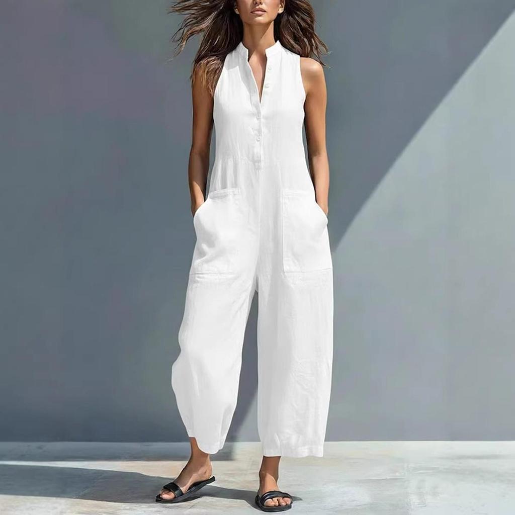 Damen Unifarbener Ärmelloser Jumpsuit mit Stehkragen, Knopfleiste vorne und Tasche, Locker geschnitten, Lässiger Romper für den täglichen Gebrauch