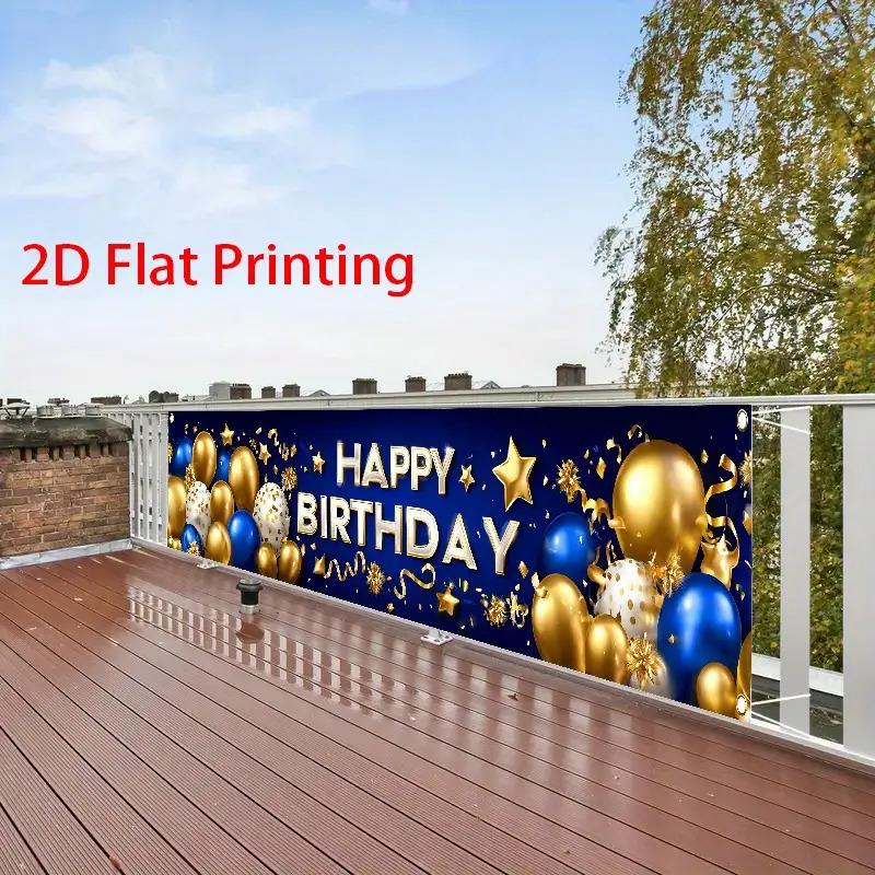 Happy Birthday Fence Banner, Blue Golden & White Balloons Stars Confetti Design, Polyester Outdoor Garden Garage Studio Decoration