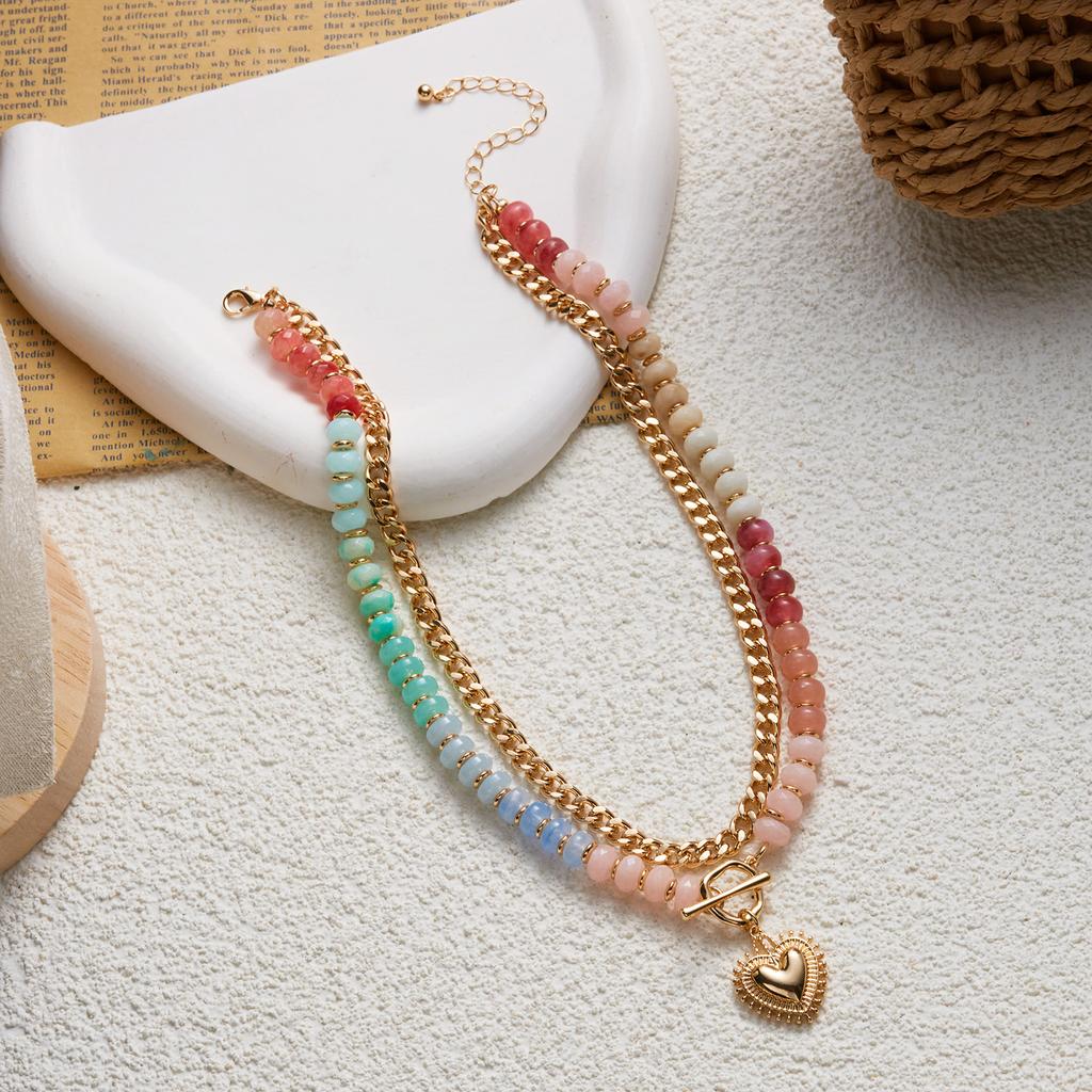 Colorful Dopamine Beaded Layered Necklace For Women Boho Heart Pendant OT Buckle Cuban Chain Chunky Choker Party Holiday Jewelry