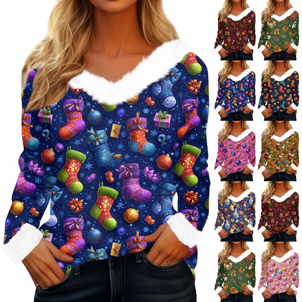 Women's T Shirt Tee Christmas Shirt Long Sleeve Party Christmas Print Fleece Collar V Neck Top