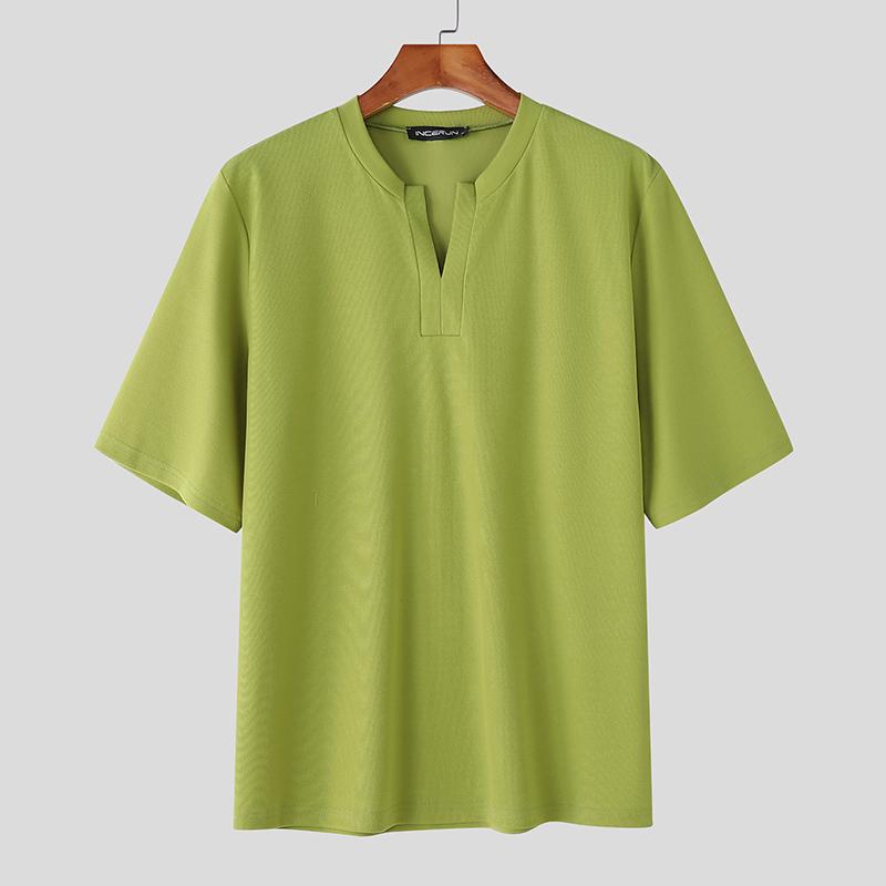 

INCERUN Summer Men s V Neck Short Sleeve Texture Casual T-shirts Tops 5XL зелёный