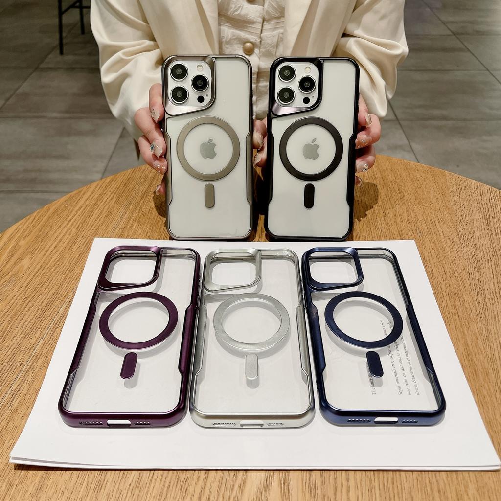 Luxury Magnetic Wireless Charging Clear Armor Case For iPhone 15 Pro 14 Plus 13Pro 12 11 Pro Max Magsafe Matte Plating Bumper Cover