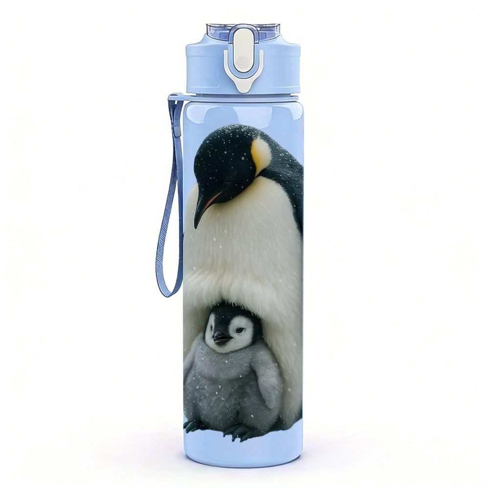 1PC Single Penguin Antarctic Animal Print 750ml Color Plastic Sports Water Bottle Leakproof Flip Straw Lid Suitable for Sports Office Home Use