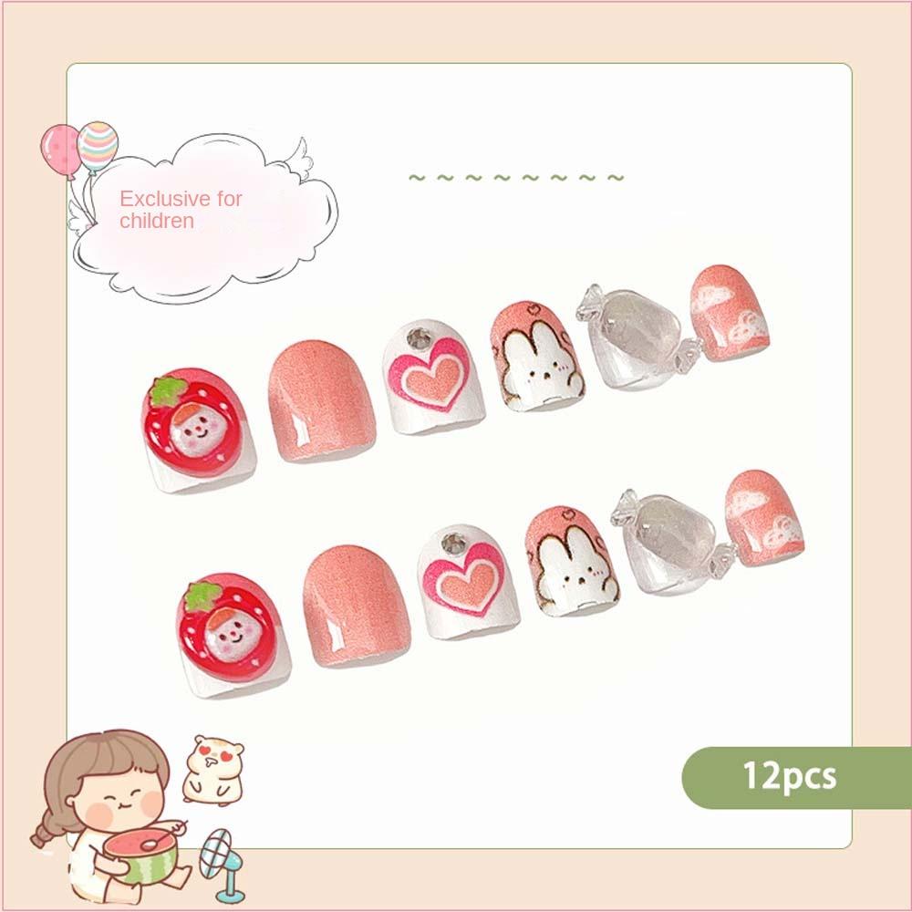 12Pcs/set Love Heart Children False Nails Flowers Cartoon Nail Accessories Student