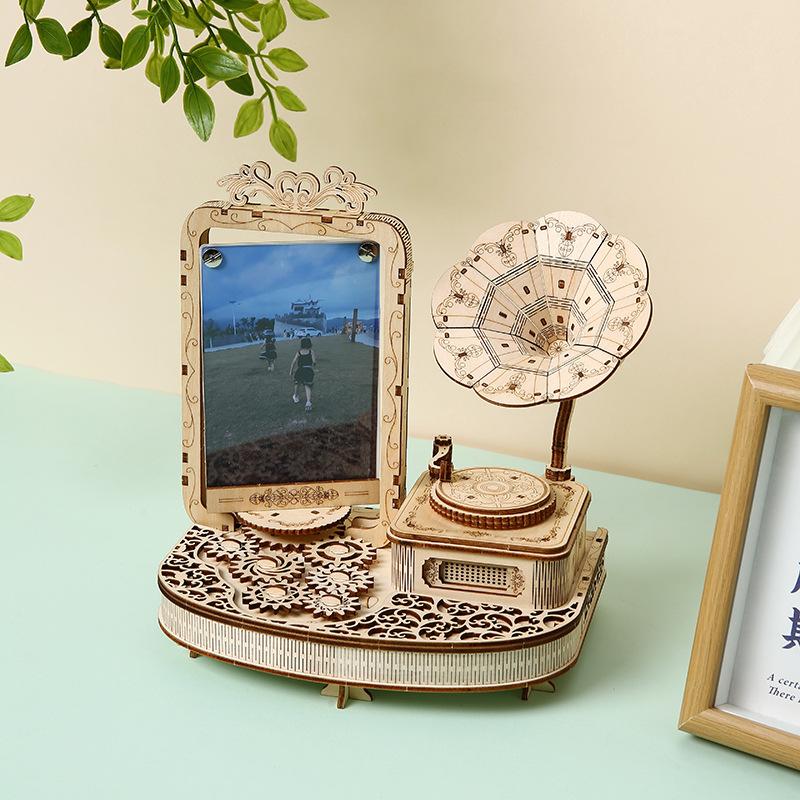 DIY 3D Wooden Puzzle Phonograph Photo Frame Miniature Model Kits Assembly Jigsaw for Kids Adults Birthday Gifts