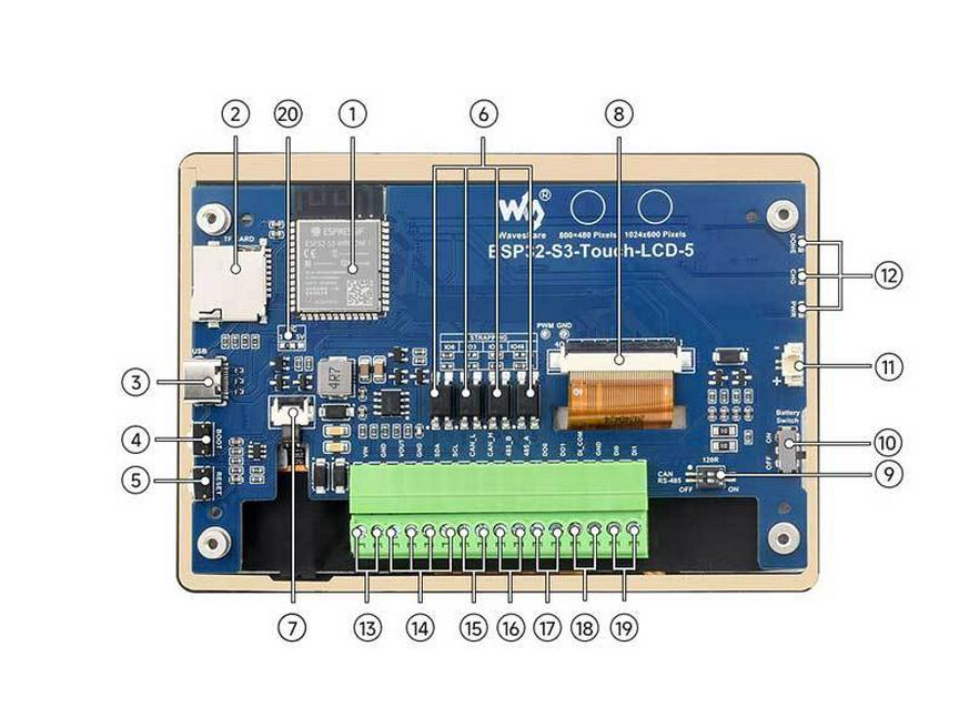 5-Zoll ESP32-S3 LCD Touch Display mit HMI, CAN, RS485, I2C, Sensorschnittstelle und LVGL