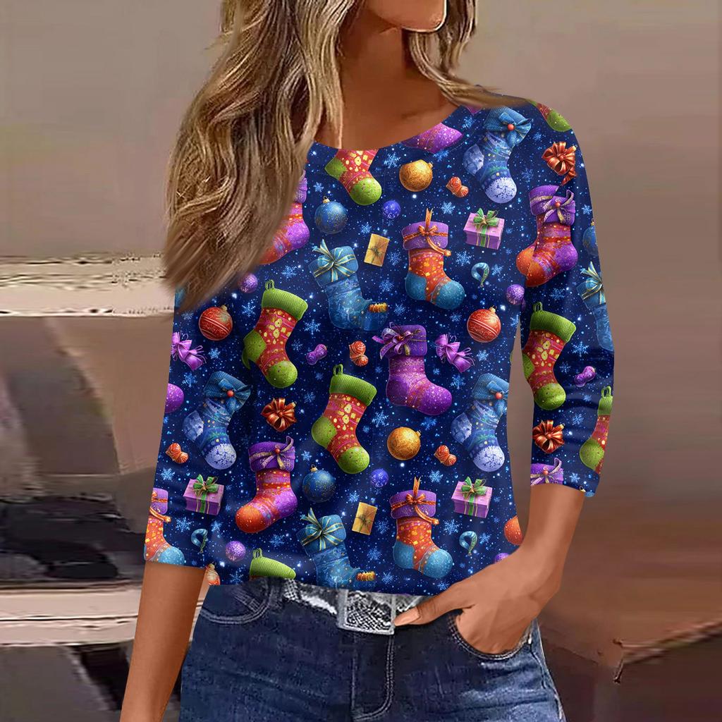 3/4 Sleeve Shirts For Women Print Graphic Tees Blouses Casual Plus Size Basic Tops Pullover