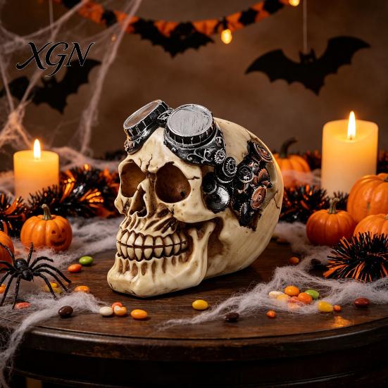 Halloween Prank Props Hip-hop Headphone/Steampunk Skull Figurine, Resin Skeleton Statue, Vintage Ornament for Party Haunted House & Home Decors